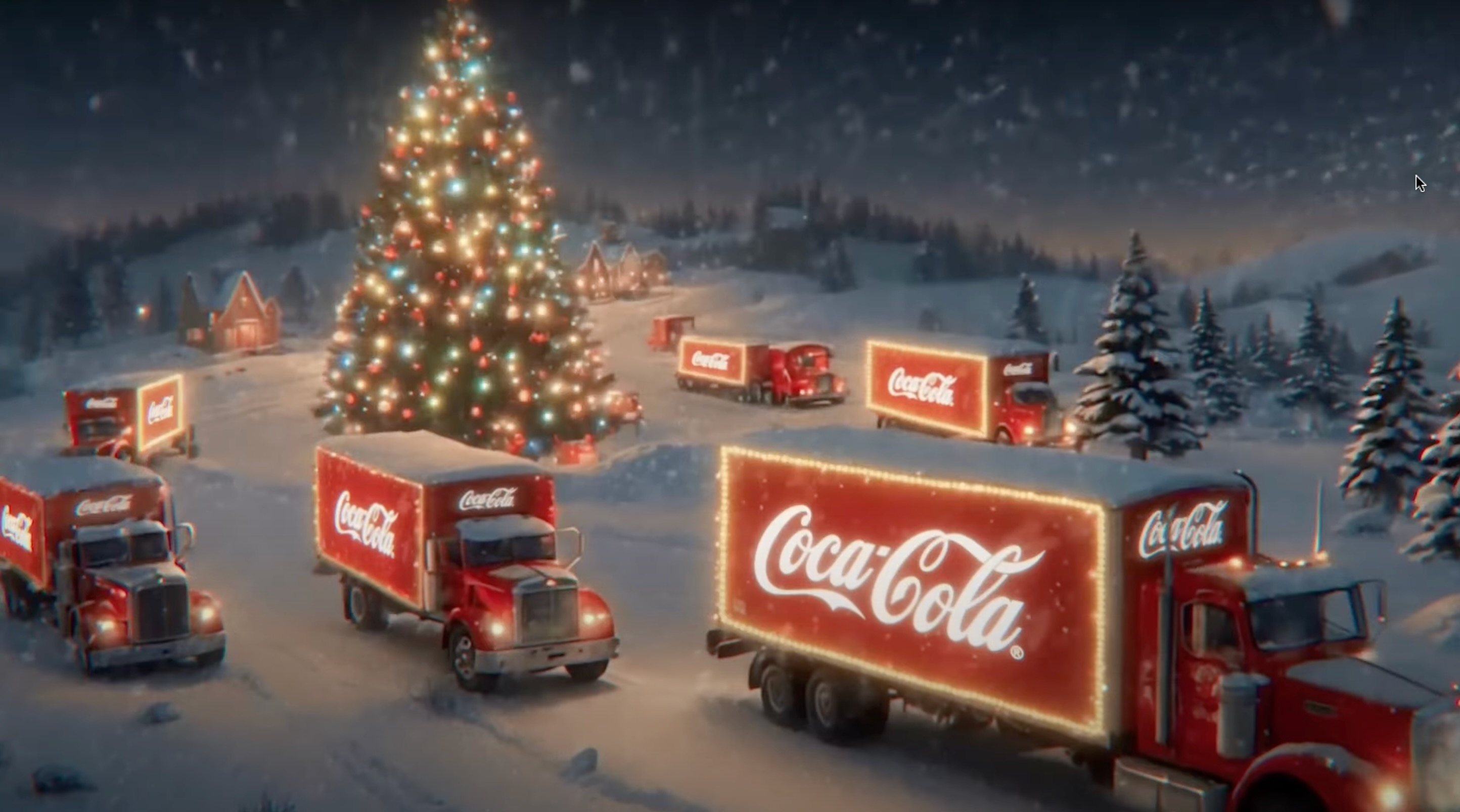 Coca-Cola holiday campaign trucks driving through a snowy landscape