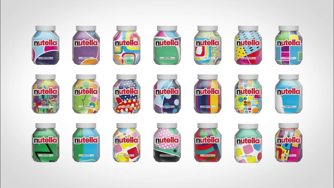 Twenty-one Nutella jars arranged in three rows, each with a different colorful patterned label.