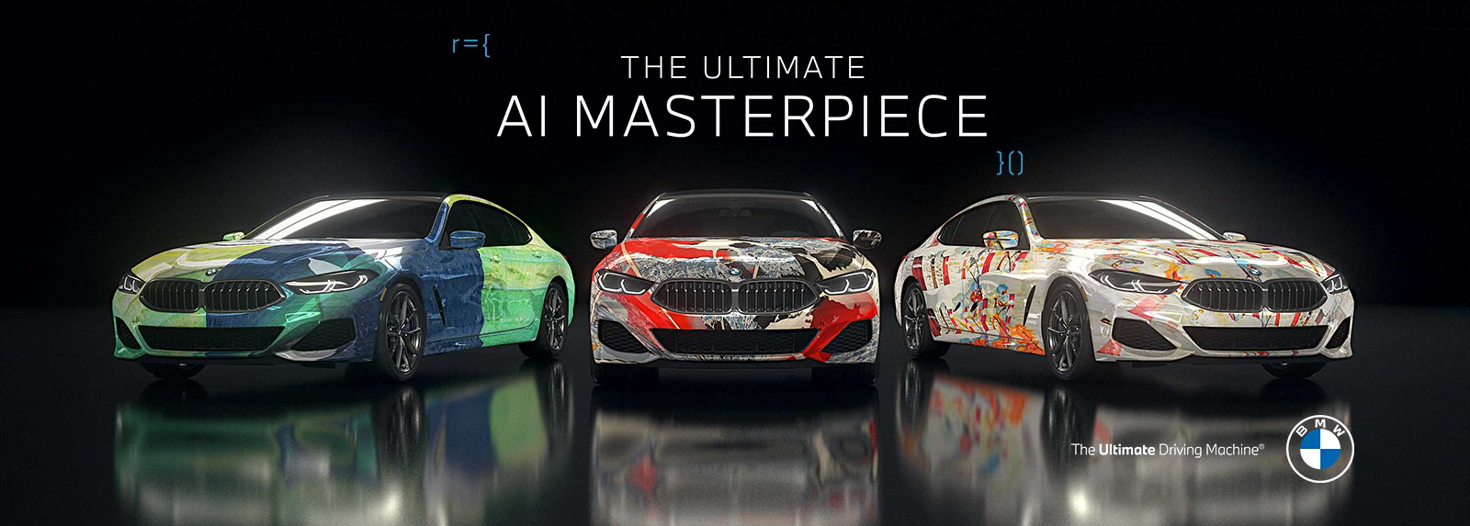 Three BMW 8 Series cars display different AI-generated art treatments.