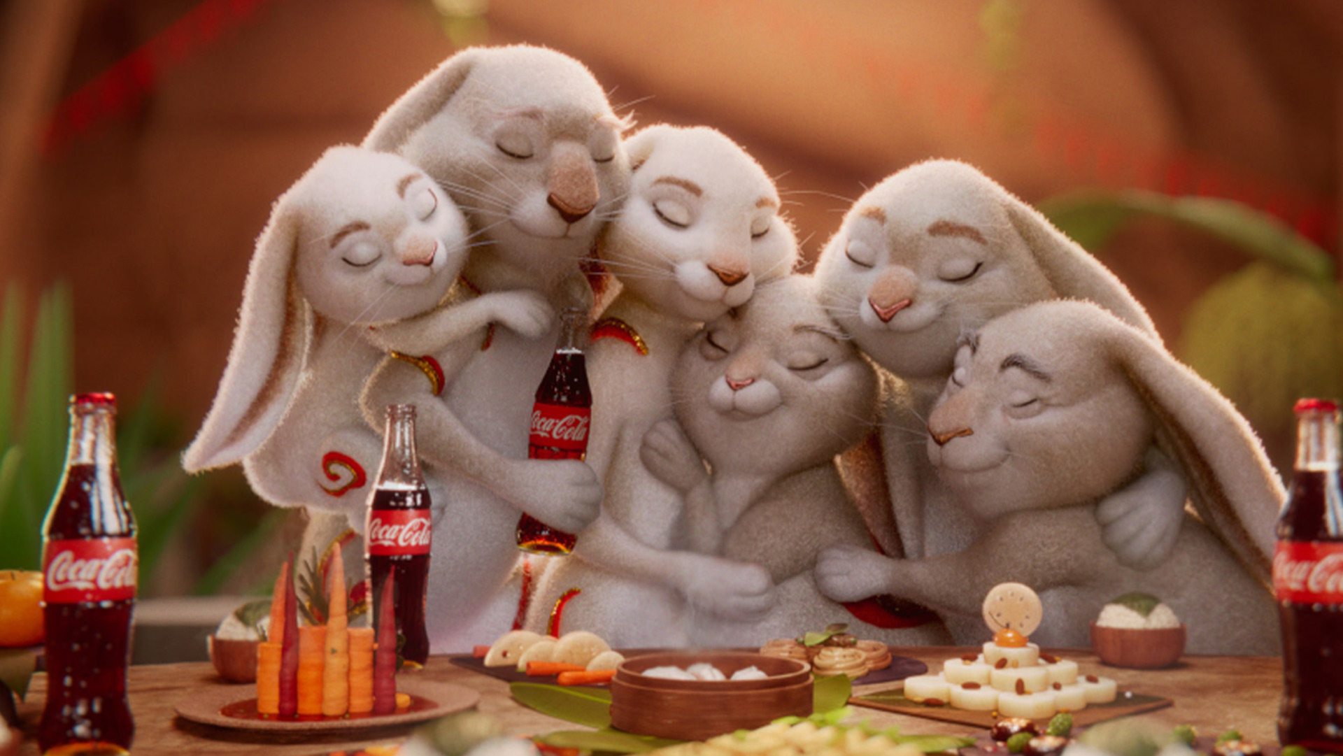 Animated Coca-Cola rabbit family campaign image for Lunar New Year 2023.