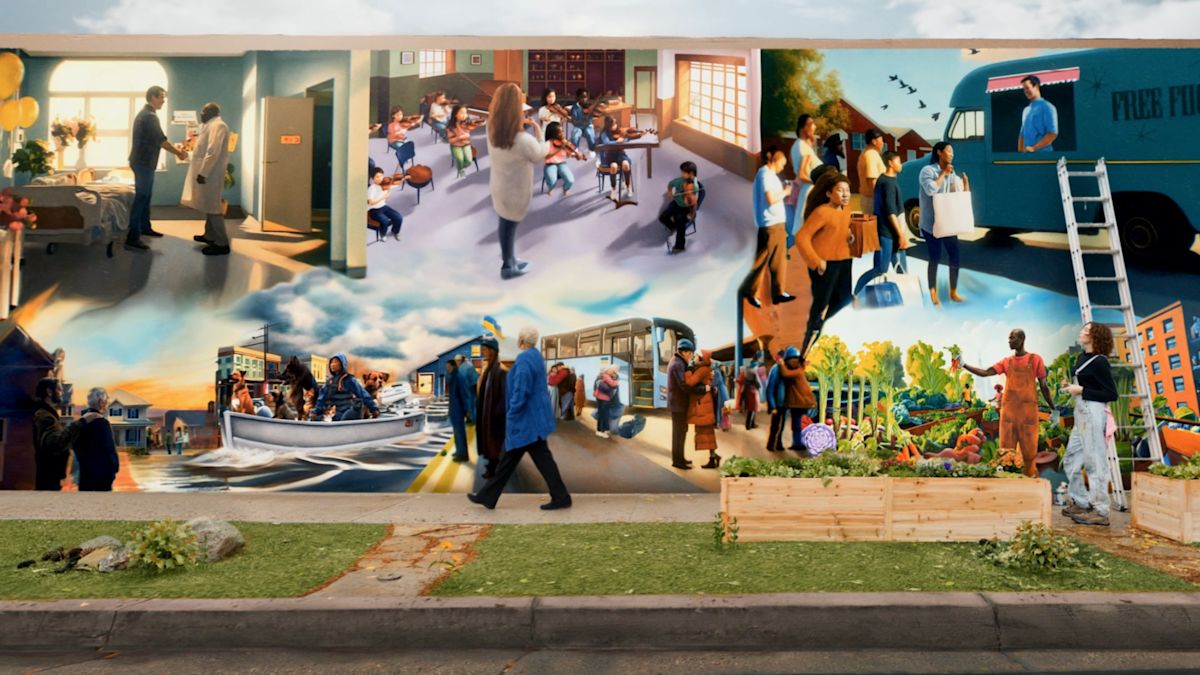 GoFundMe campaign mural combining community scenes.