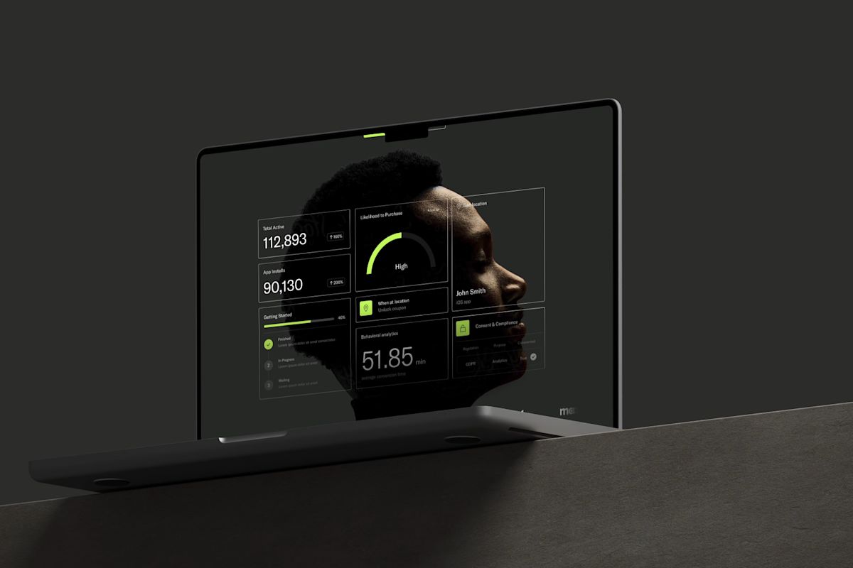 mParticle campaign visual showing data interface and a human profile.