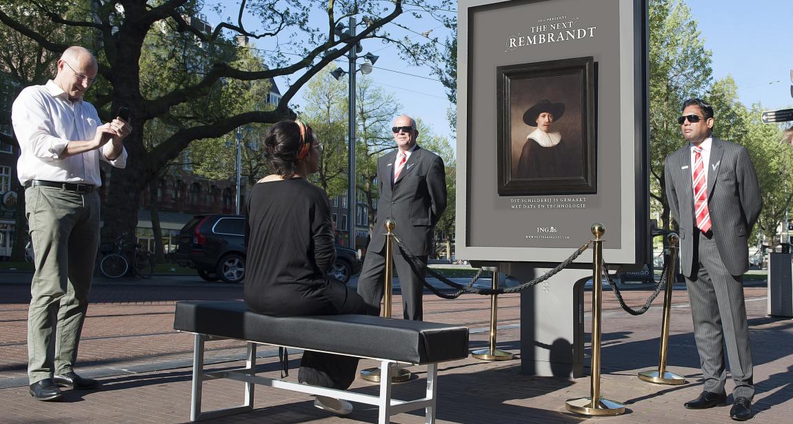 Outdoor ING display presents The Next Rembrandt portrait in Amsterdam.