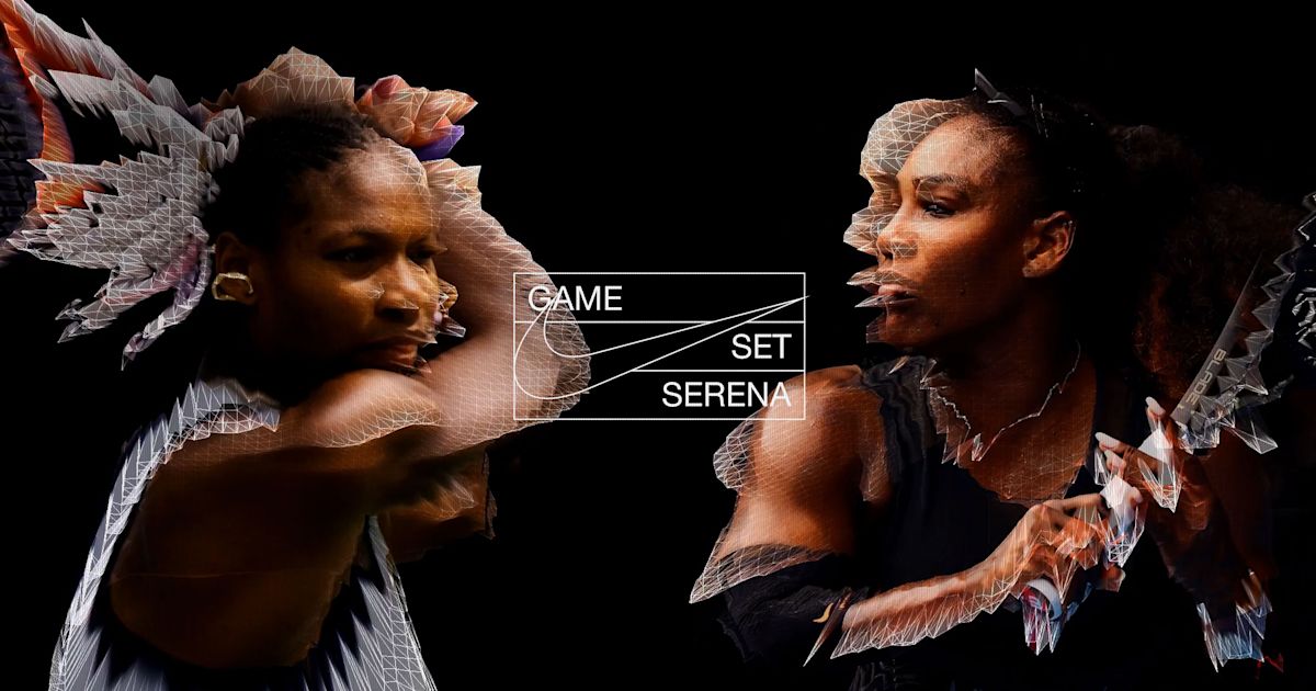 Two stylised Serena Williams tennis figures face each other beneath the words Game Set Serena.