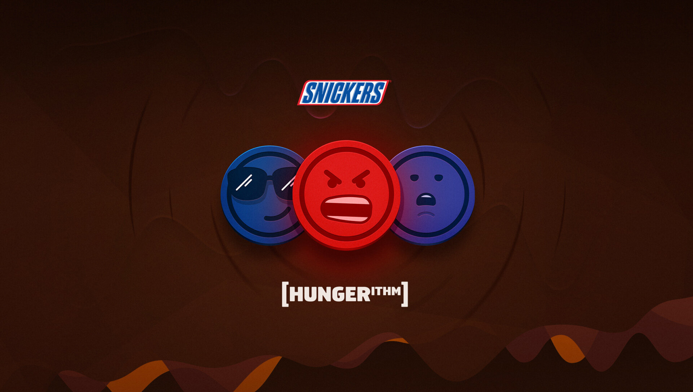 Snickers Hungerithm artwork with an angry red face between two mood icons.