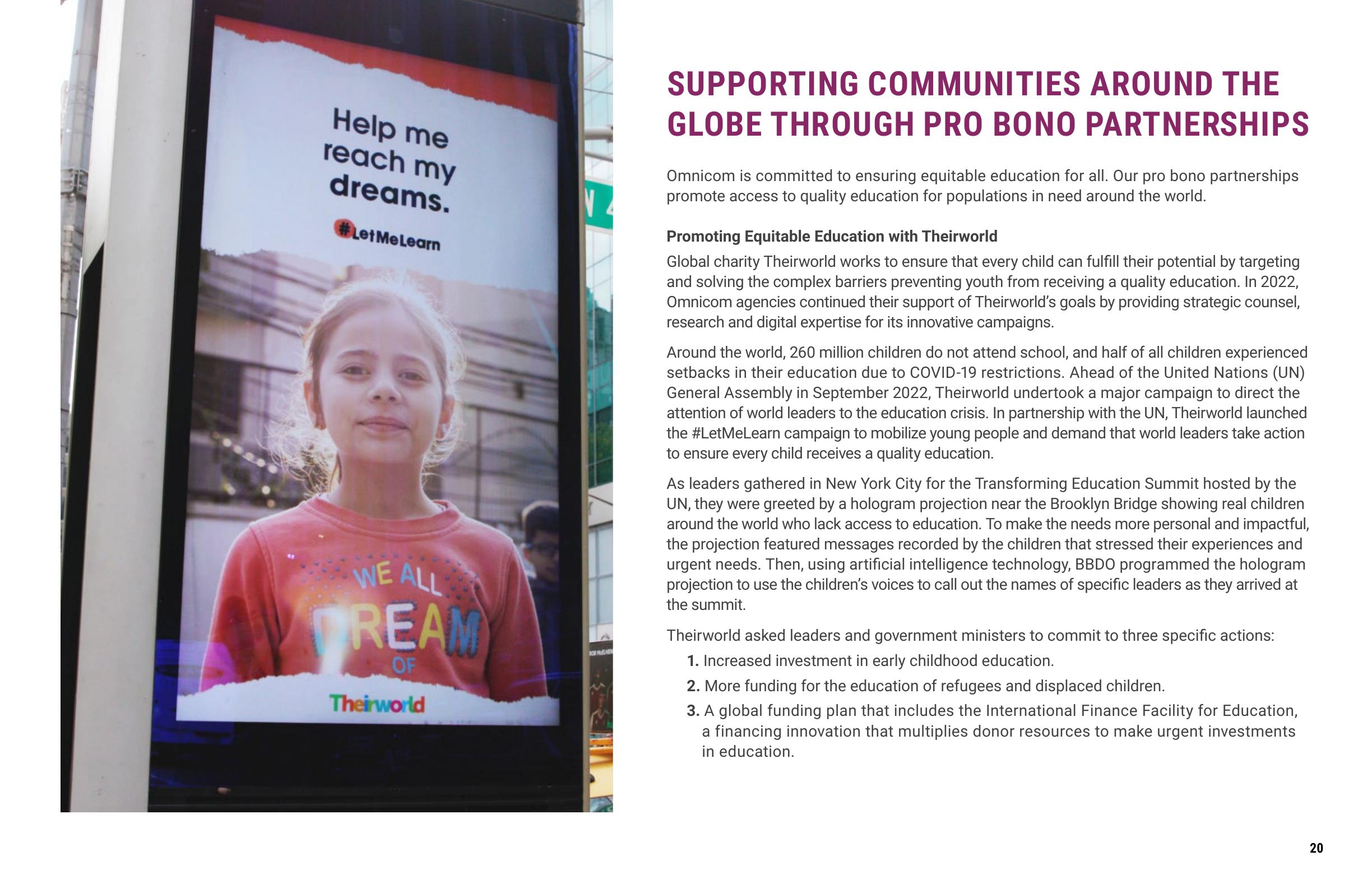Rendered annual-report page showing the Theirworld #LetMeLearn hologram campaign visual.