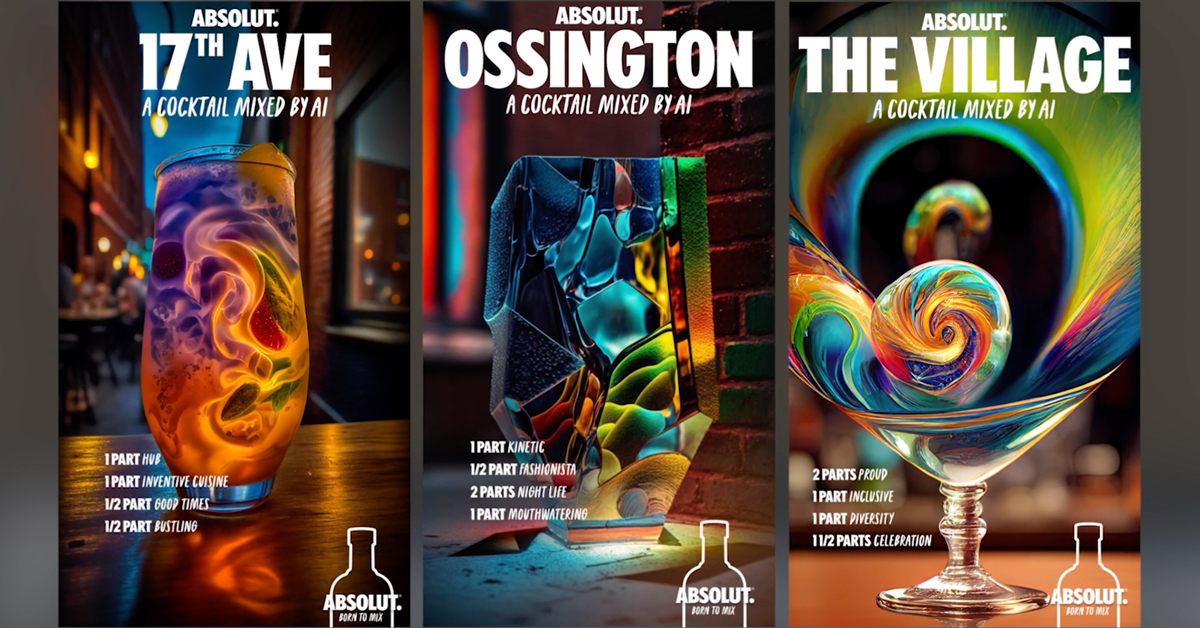 Colourful Absolut cocktail posters represent Canadian neighbourhoods.