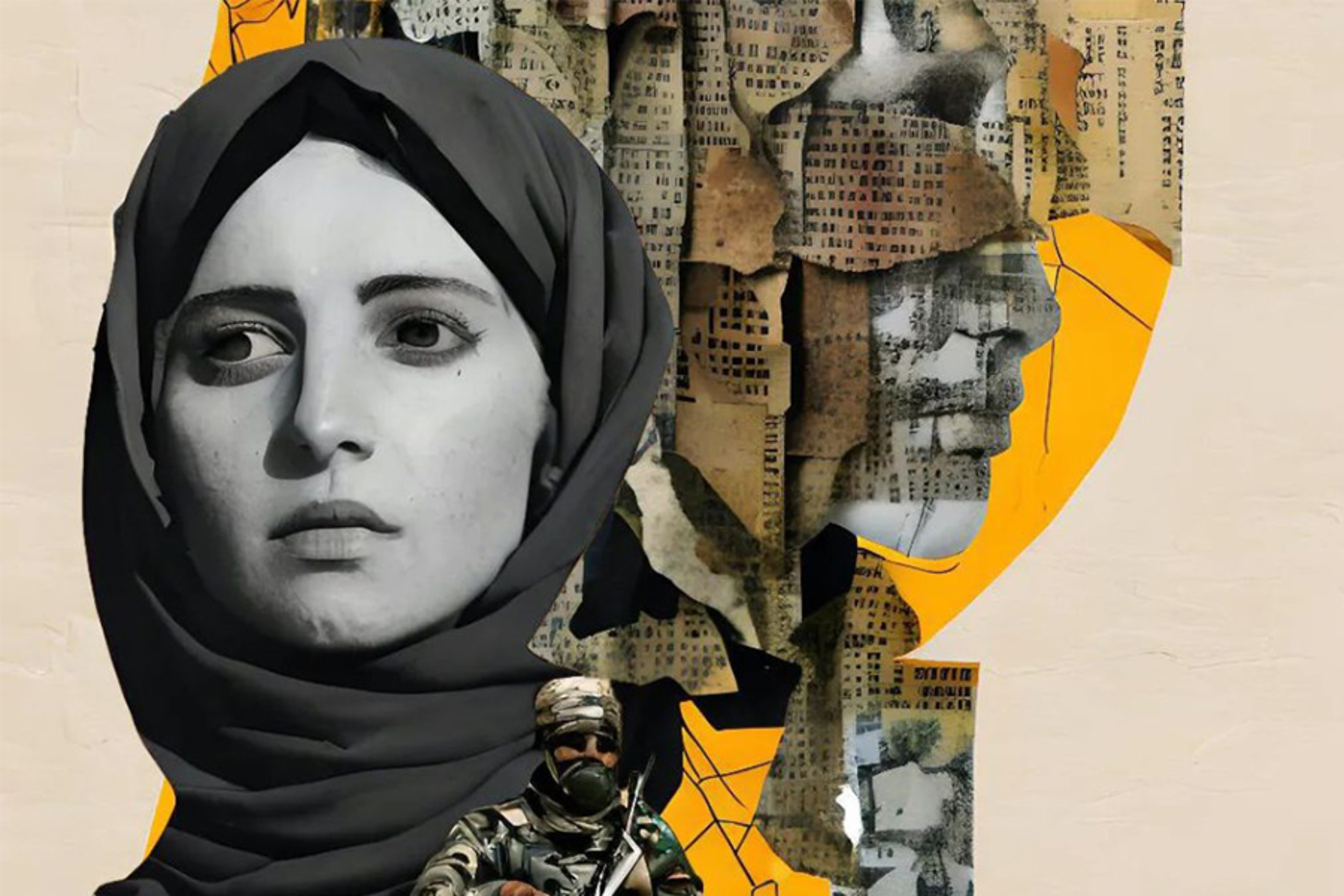 Campaign artwork combines an Iranian woman’s portrait with a fractured cityscape.