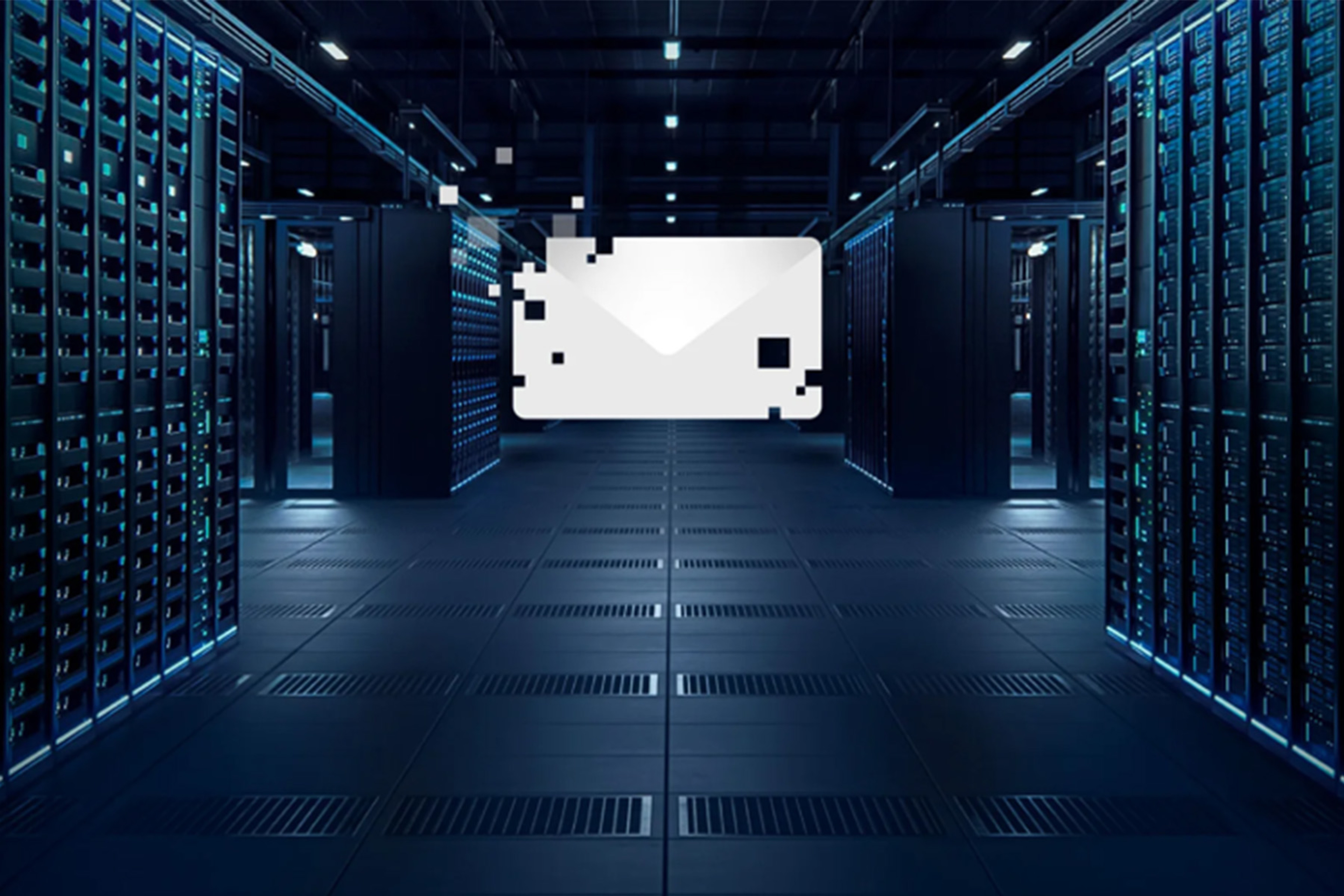 A pixelated envelope floats in a dark server-room setting.