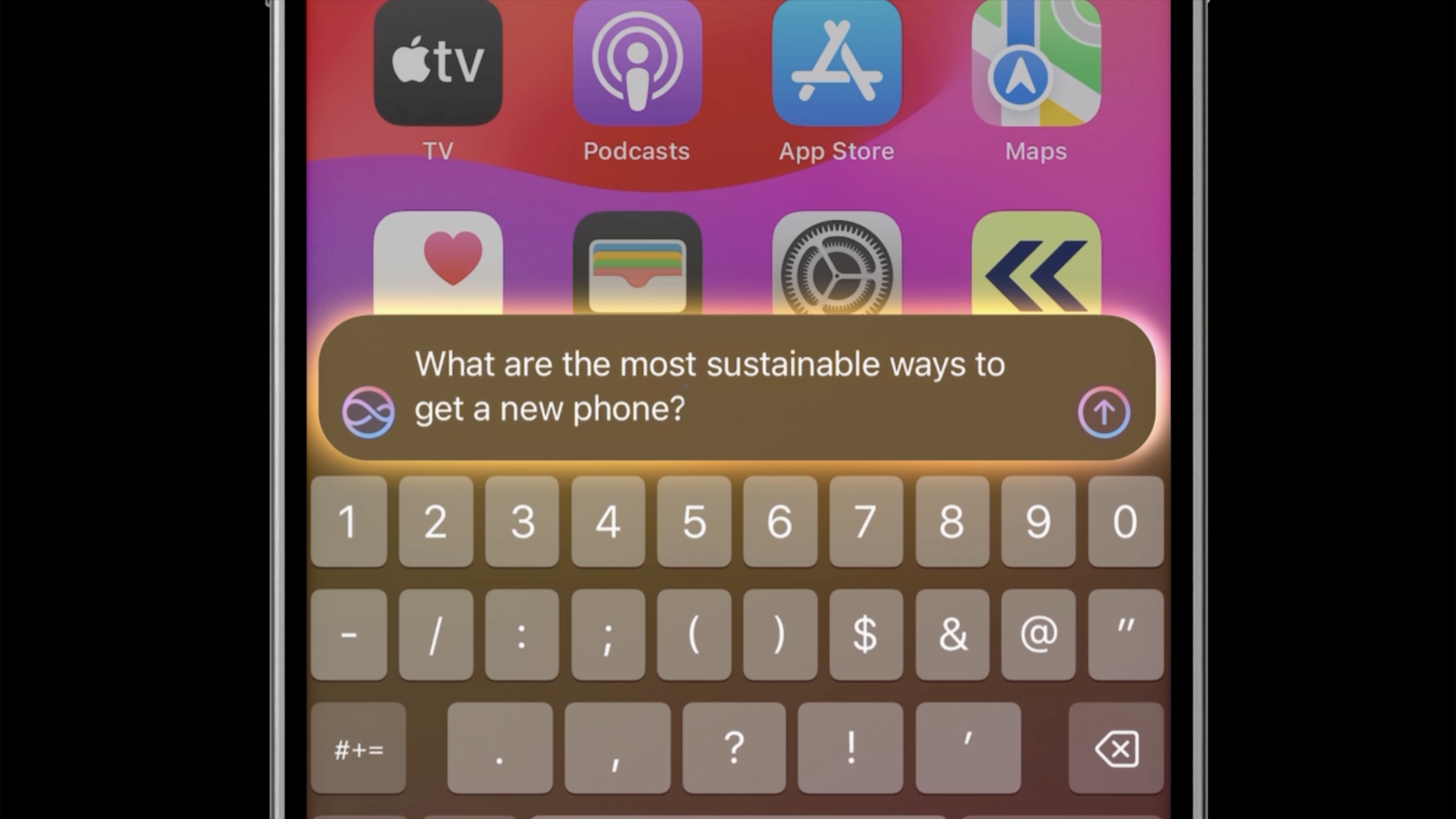 Campaign frame shows an Apple Intelligence-style answer about sustainable phone choices.
