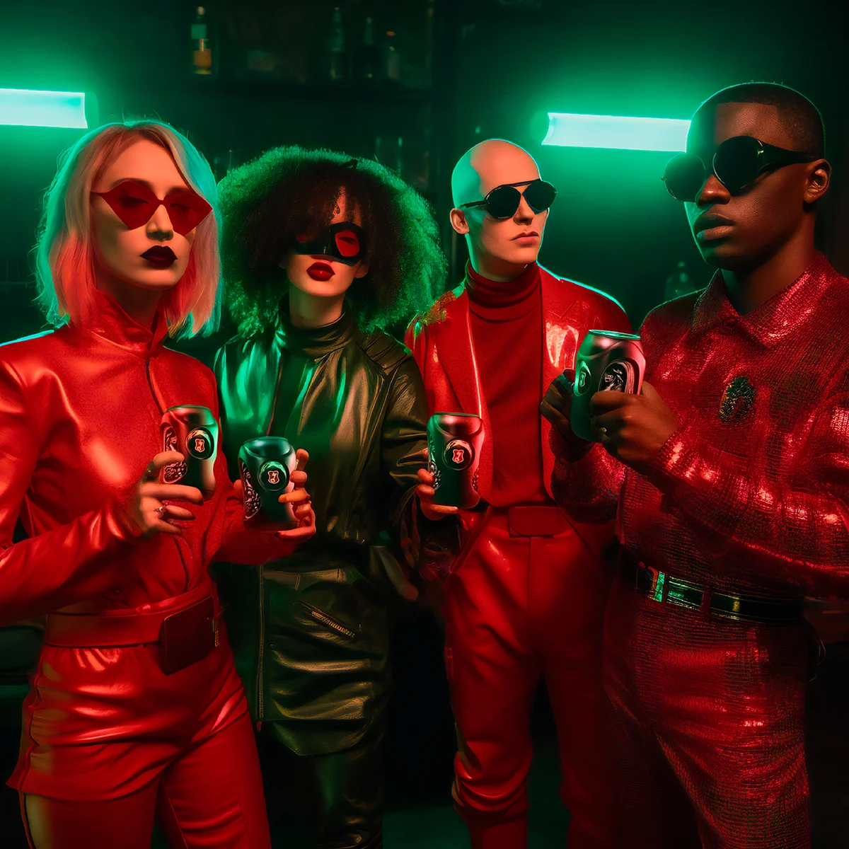 Four fashionably dressed people hold green Beck’s Autonomous cans in neon light.