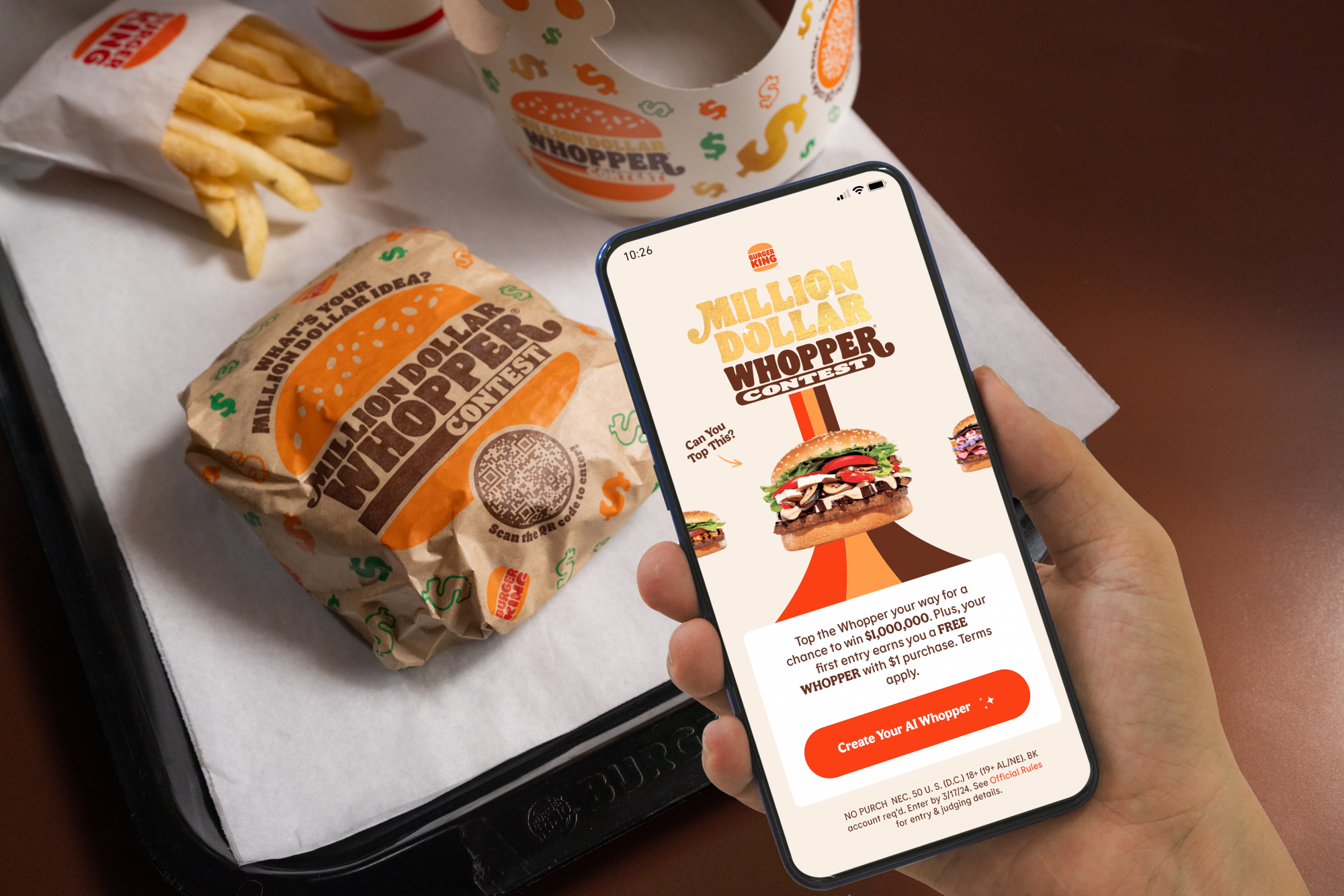 A hand holds a phone showing the Million Dollar Whopper Contest beside a wrapped Whopper and fries.