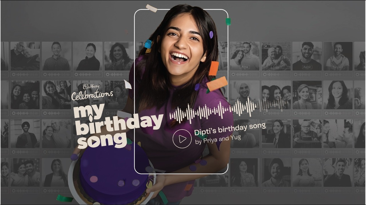 A woman holding a cake is framed by My Birthday Song artwork and a waveform.
