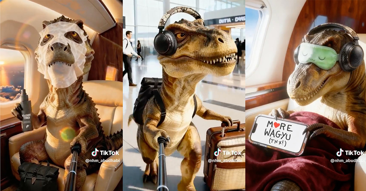 Three images show a T. rex character travelling with modern accessories.