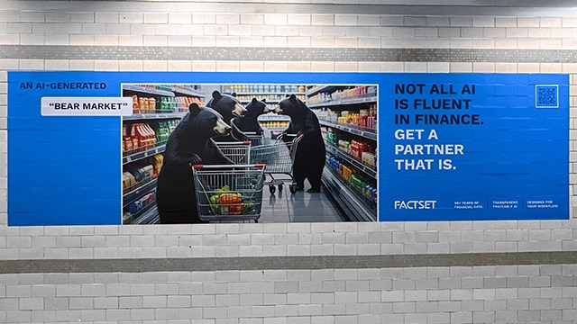 A FactSet out-of-home advertisement using an intentionally imperfect AI-generated finance visual.