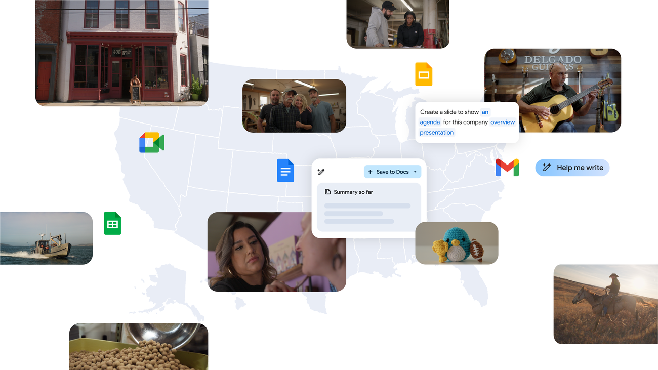 A map of the United States surrounded by small-business images and Google Workspace prompts.