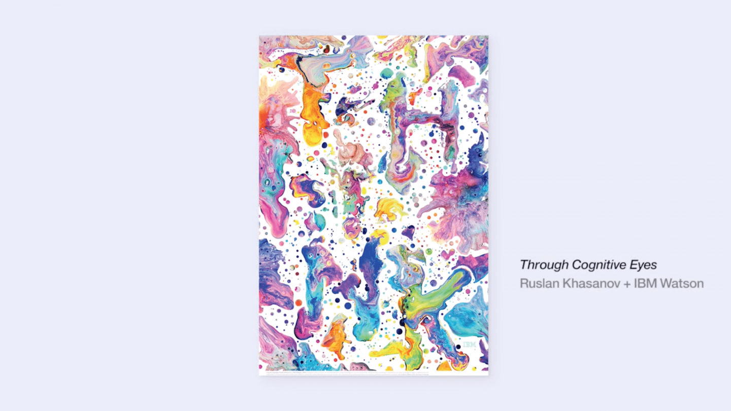 A colourful abstract artwork labelled Through Cognitive Eyes, Ruslan Khasanov plus IBM Watson.