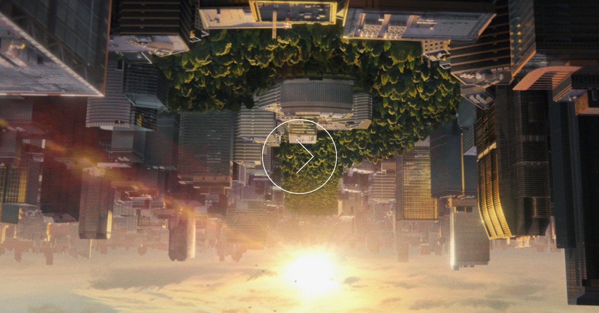 An upside-down cityscape appears above a bright horizon in IBM campaign artwork.