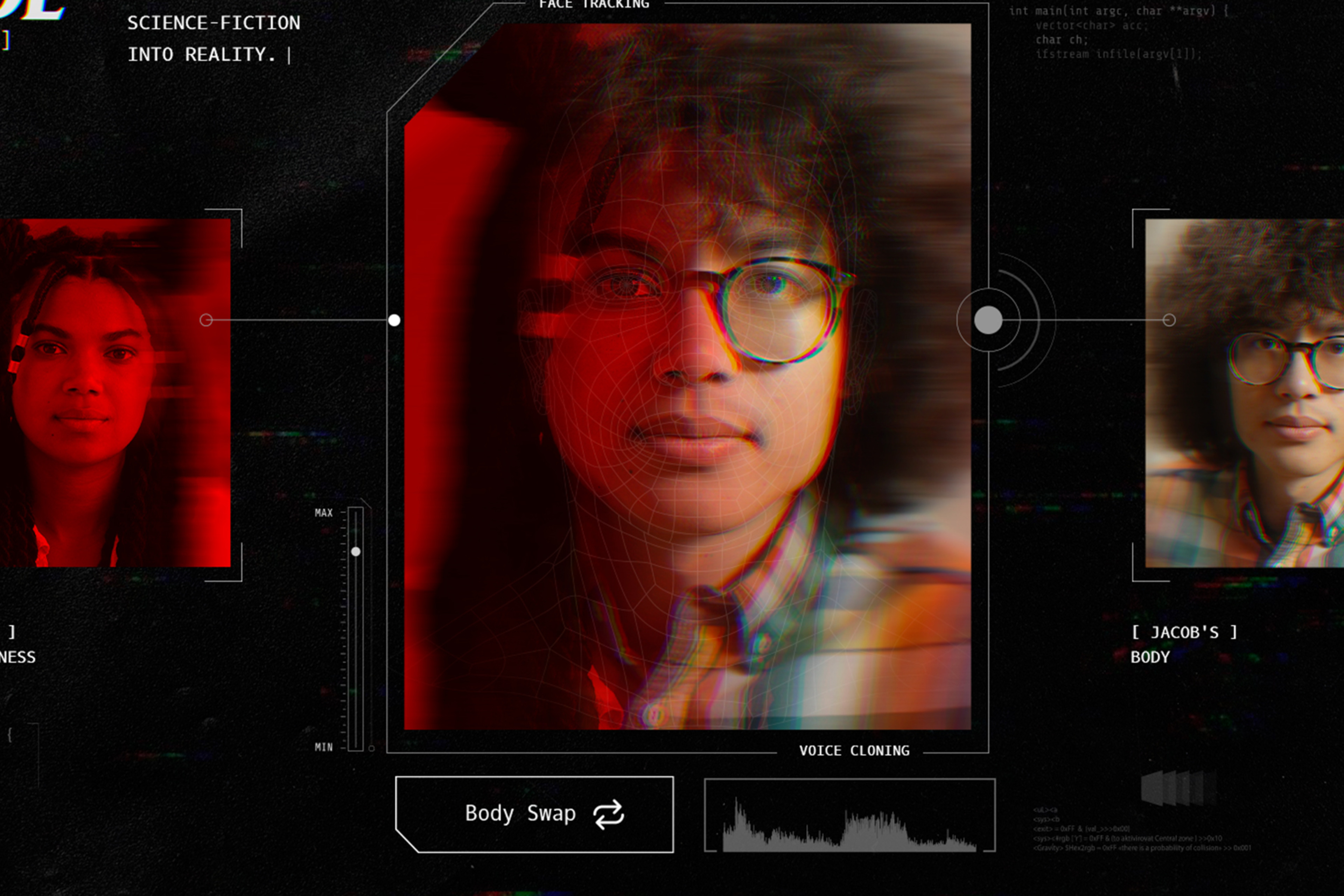 A dark digital interface overlays face-tracking lines on three people in a body-swap experience.
