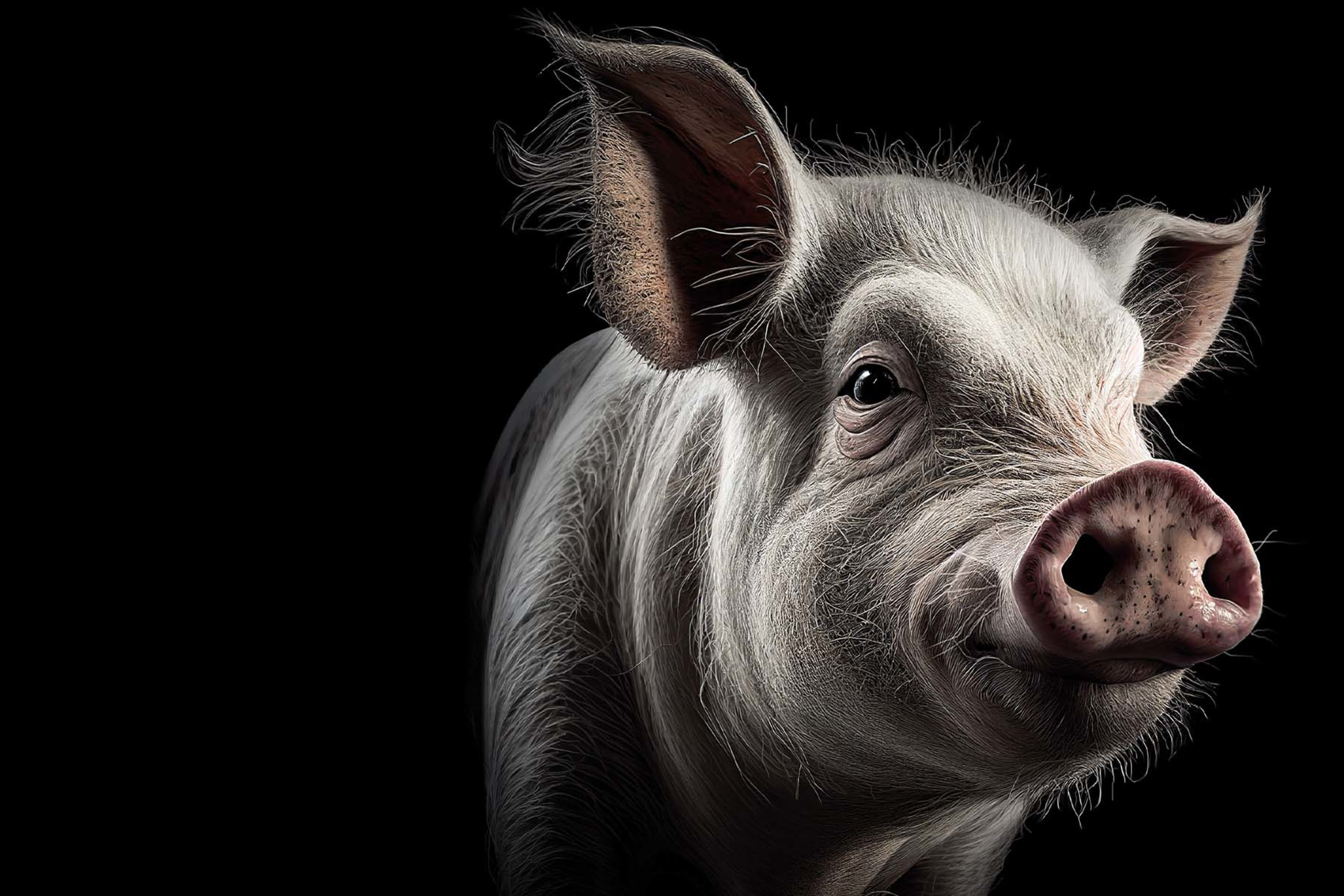 A highly detailed portrait of an elderly pig appears against a black background.