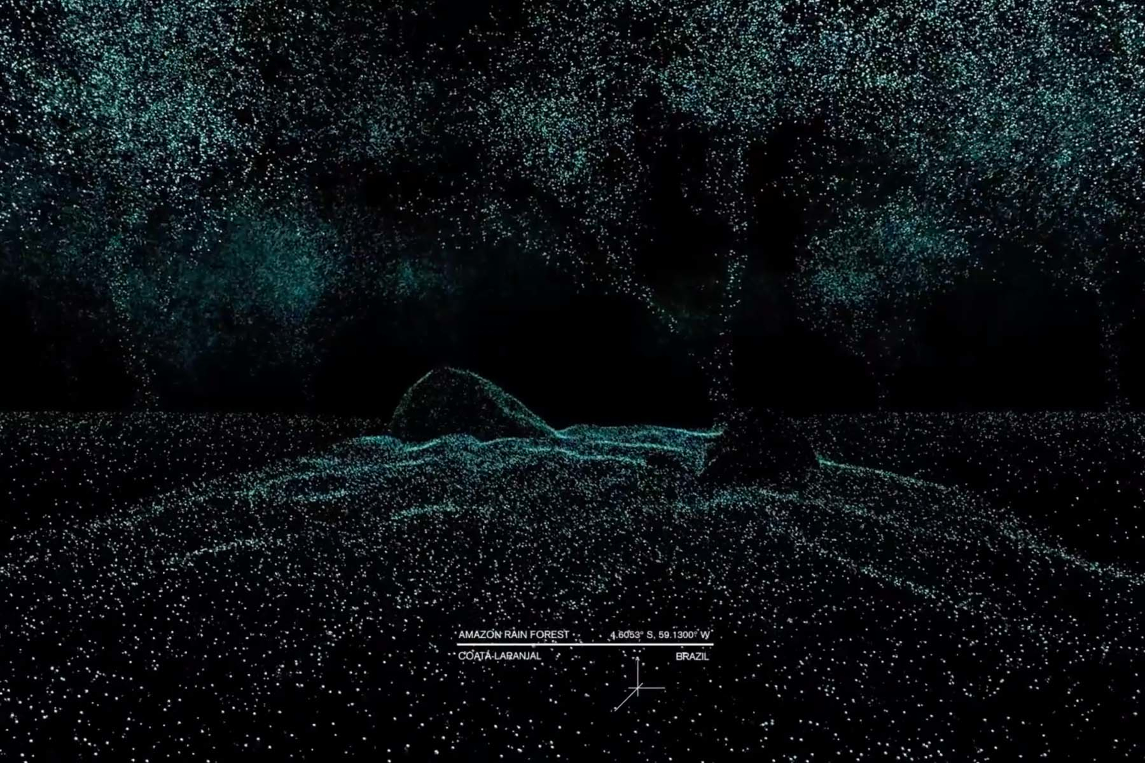 A luminous whale-like form emerges from thousands of teal points against black.