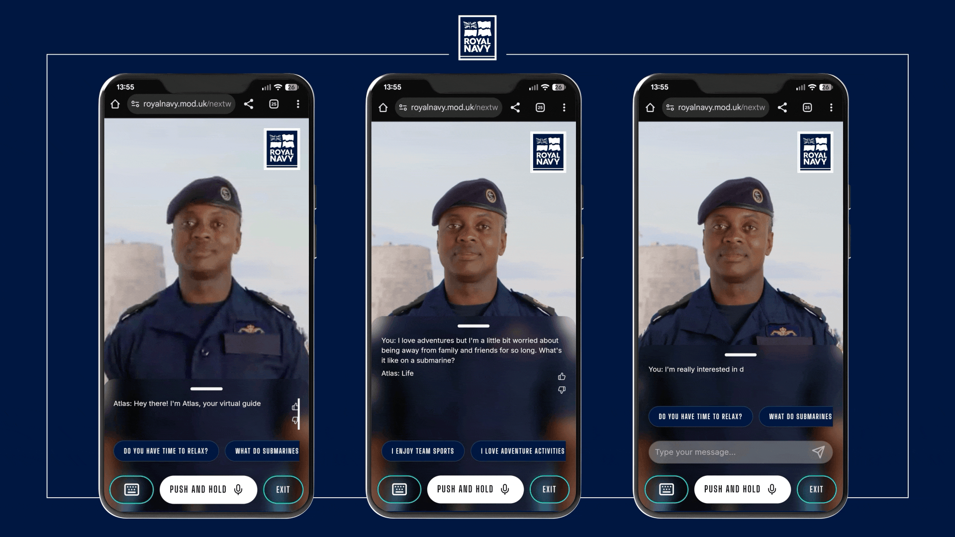 Three phone screens show Atlas, a Royal Navy submariner avatar, responding to visitors.