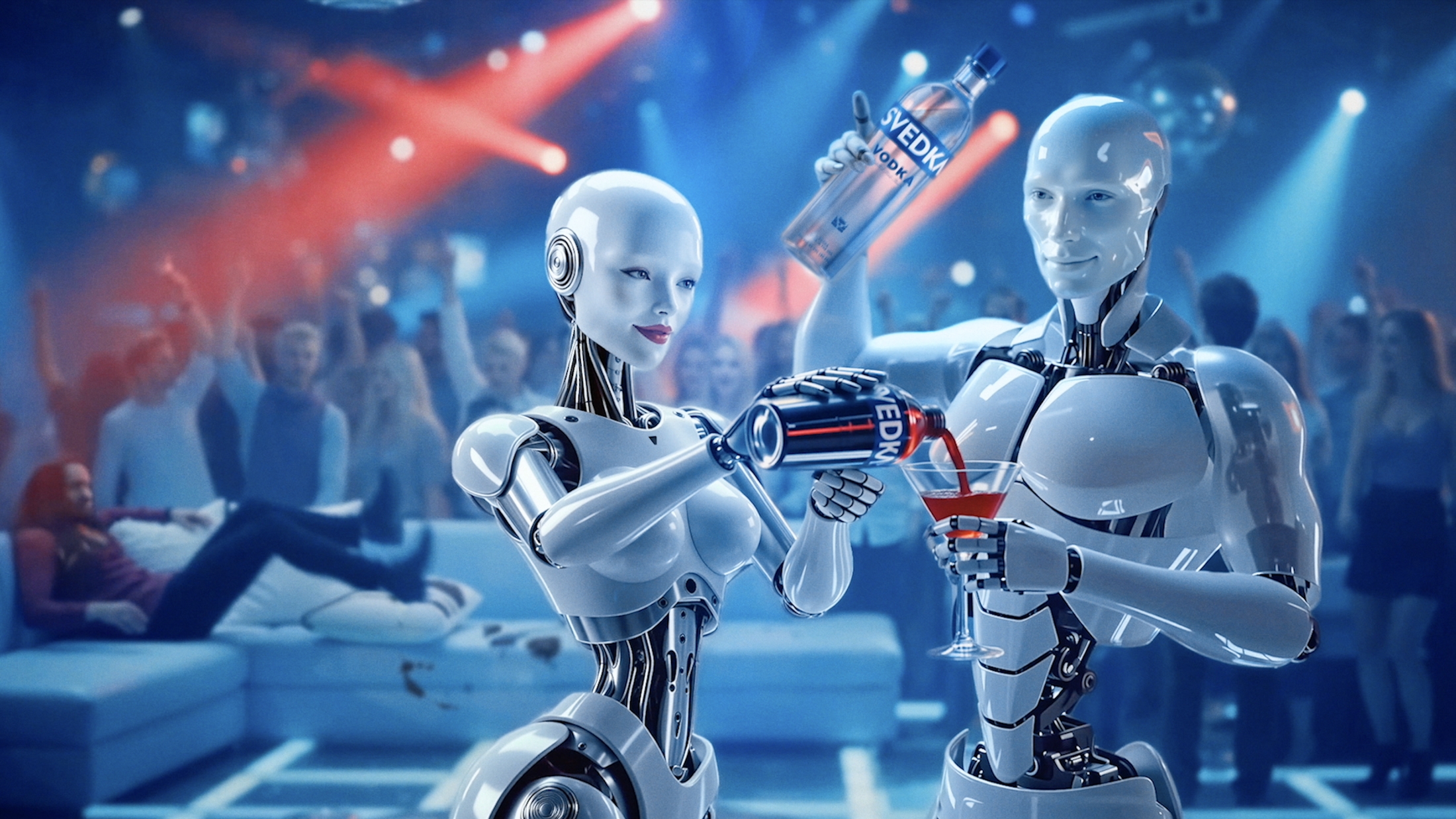 Svedka Fembot and BroBot campaign characters in a neon-lit Super Bowl visual.