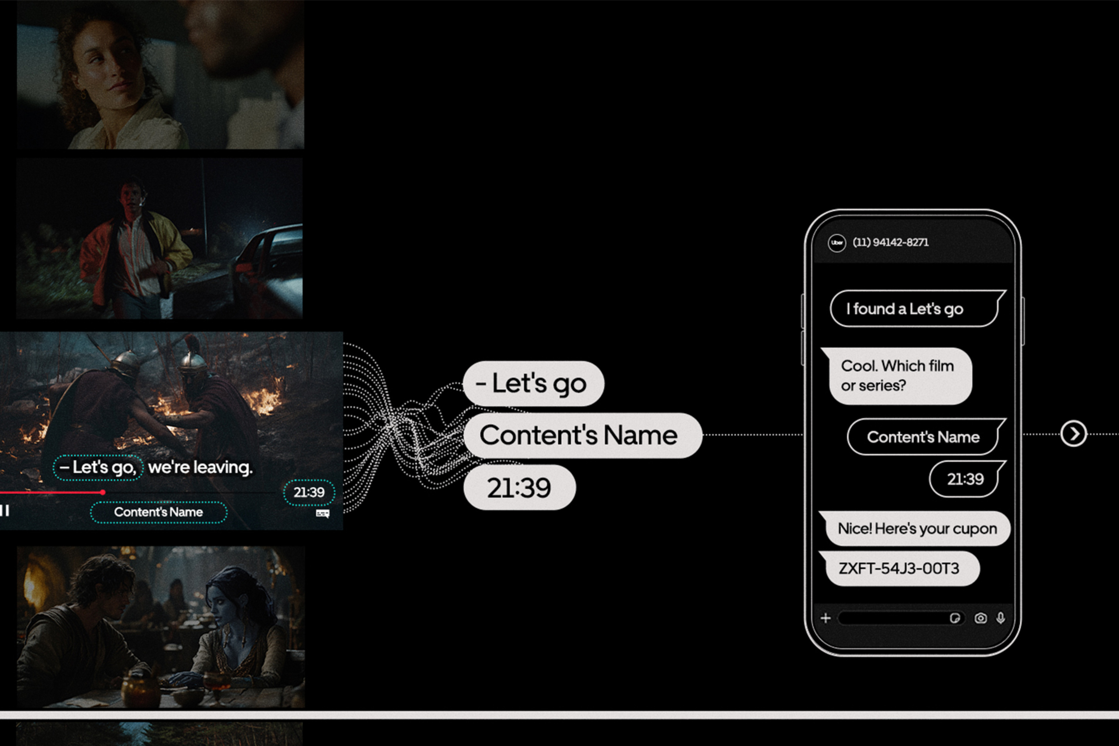 Campaign collage connects subtitle moments in screen entertainment to a WhatsApp ride offer.