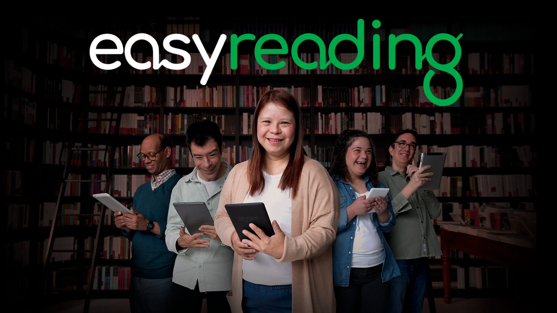People with tablets stand before bookshelves beneath Easy Reading branding.