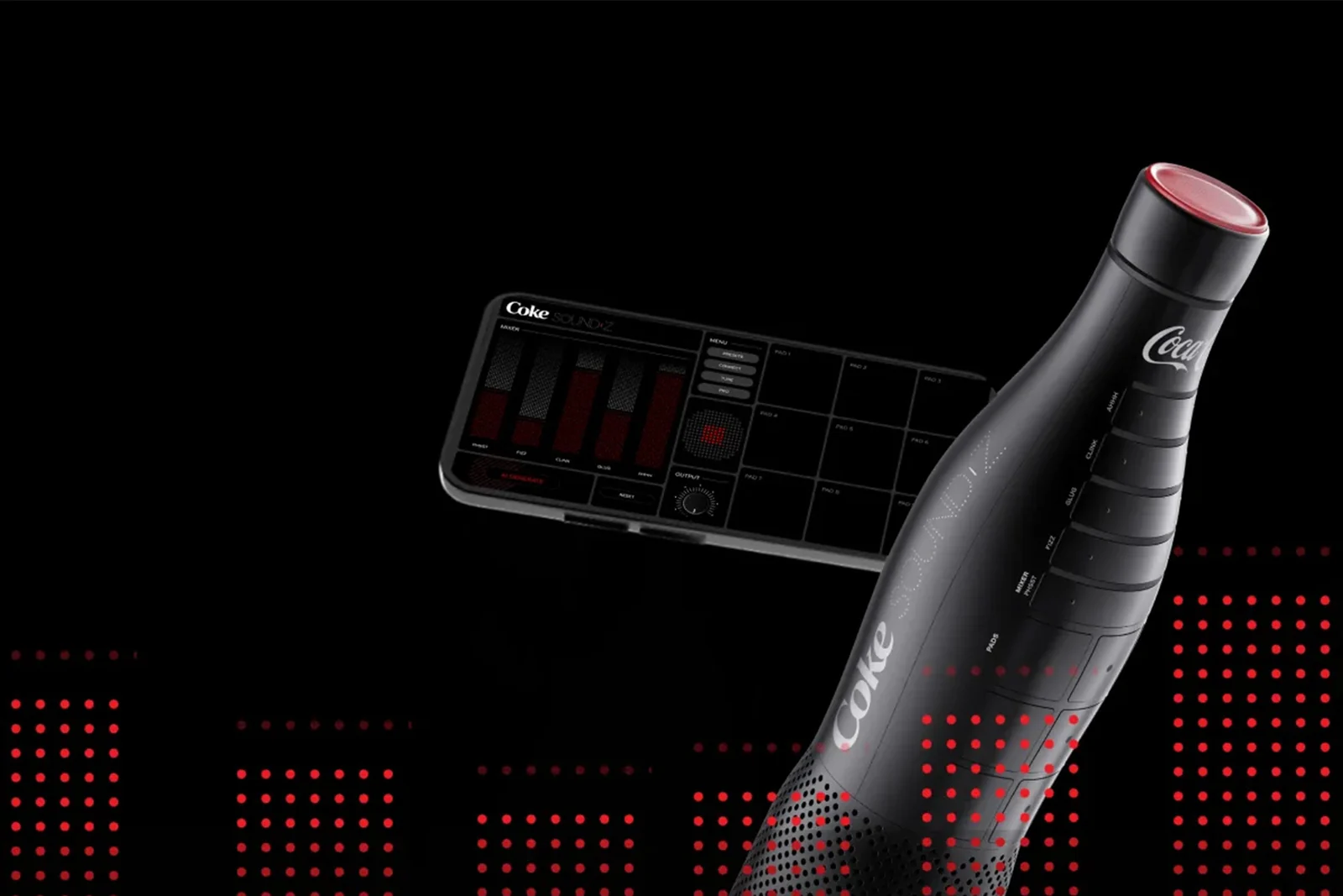 Black bottle-shaped Coke SoundZ instrument beside a phone with mixing controls, against red dotted sound graphics.
