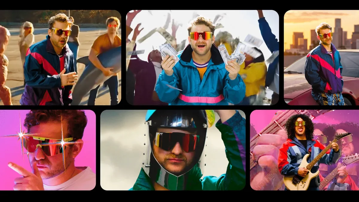 Six colorful campaign frames show sunglasses-wearing characters with money, a helmet and a guitar.