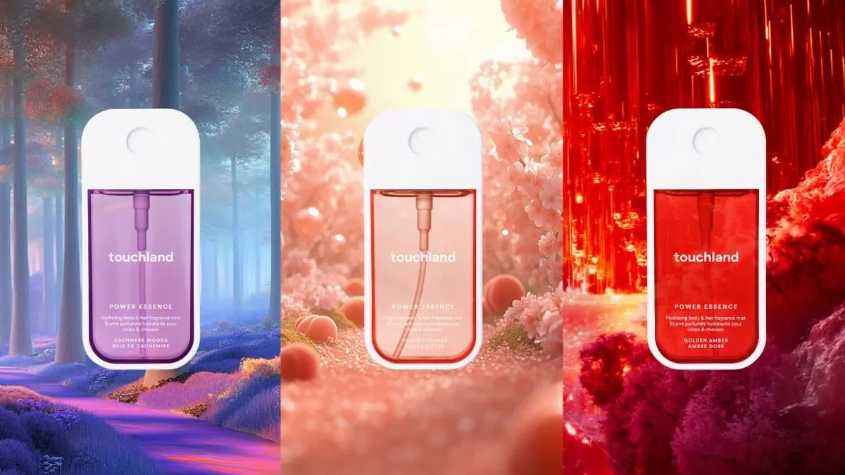 Purple, peach and red Touchland fragrance bottles appear in three coordinated fantasy landscapes.
