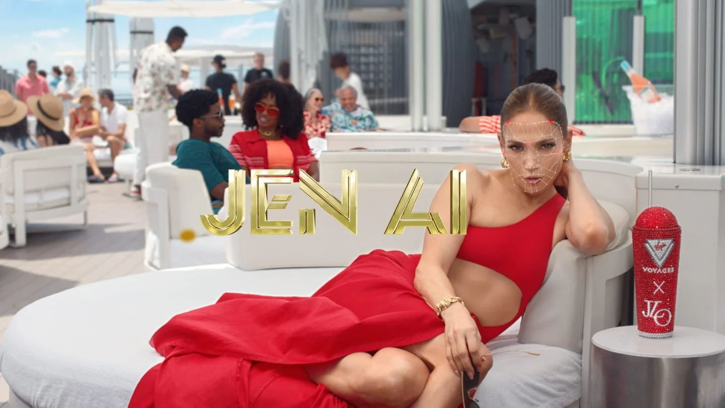 Jennifer Lopez in red beside gold Jen AI lettering, with a facial tracking graphic over her face.