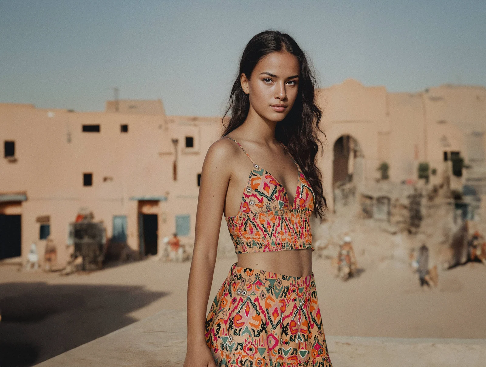 A model in a colourful patterned two-piece outfit stands before sunlit sand-coloured buildings.