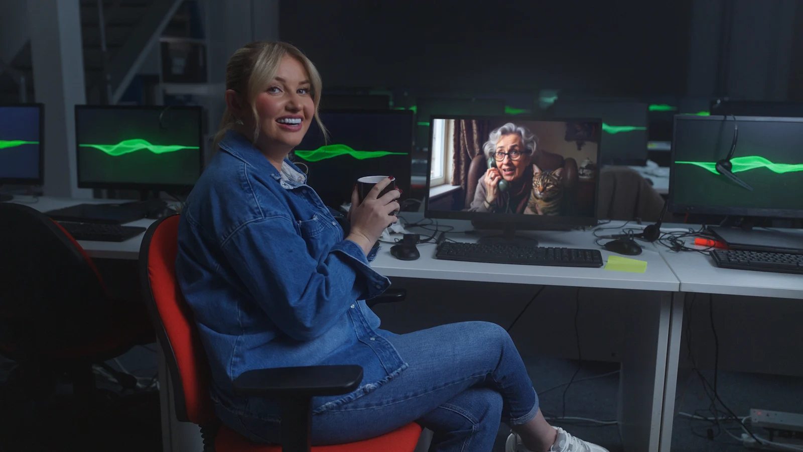 A woman in a call-centre office looks at a monitor showing Daisy, O2's AI granny, talking on the phone beside a cat.