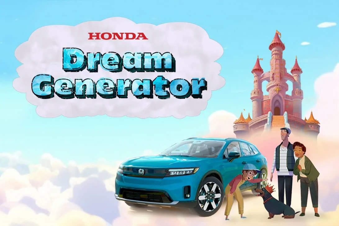 Honda Dream Generator campaign artwork: a turquoise Prologue, animated adventurers, and a pink castle in a cloud-filled sky