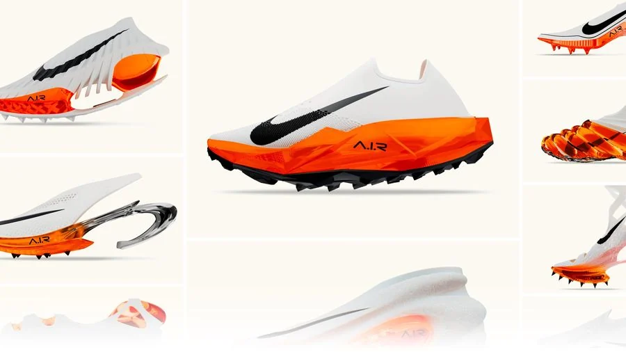 Nike A.I.R. collage showing white footwear prototypes with vivid orange Air structures and distinct sole shapes